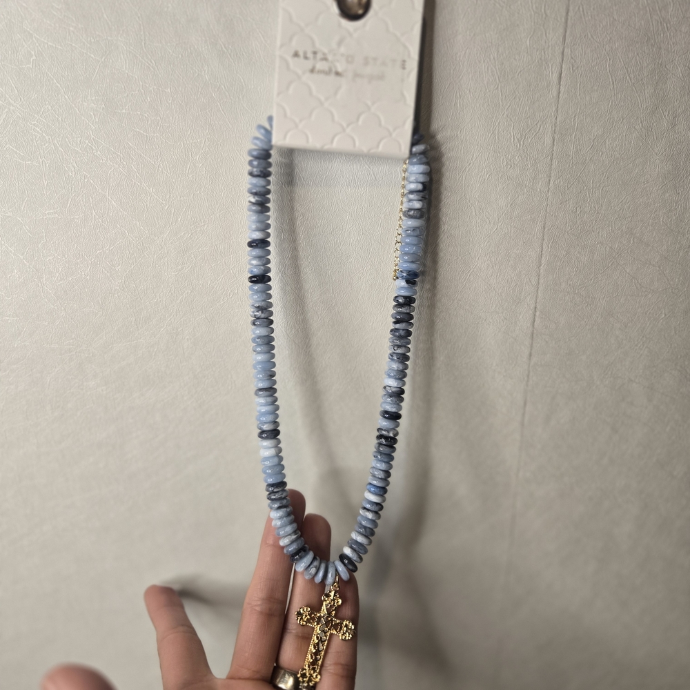 Altar'd State Blue Beaded Necklace with Gold Cross